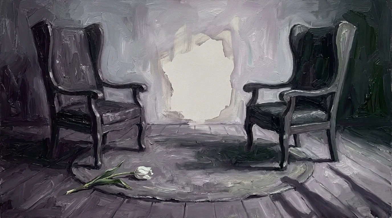 An oil painting of two empty chairs facing each other in a dimly lit room, with a fallen flower on the floor between them.