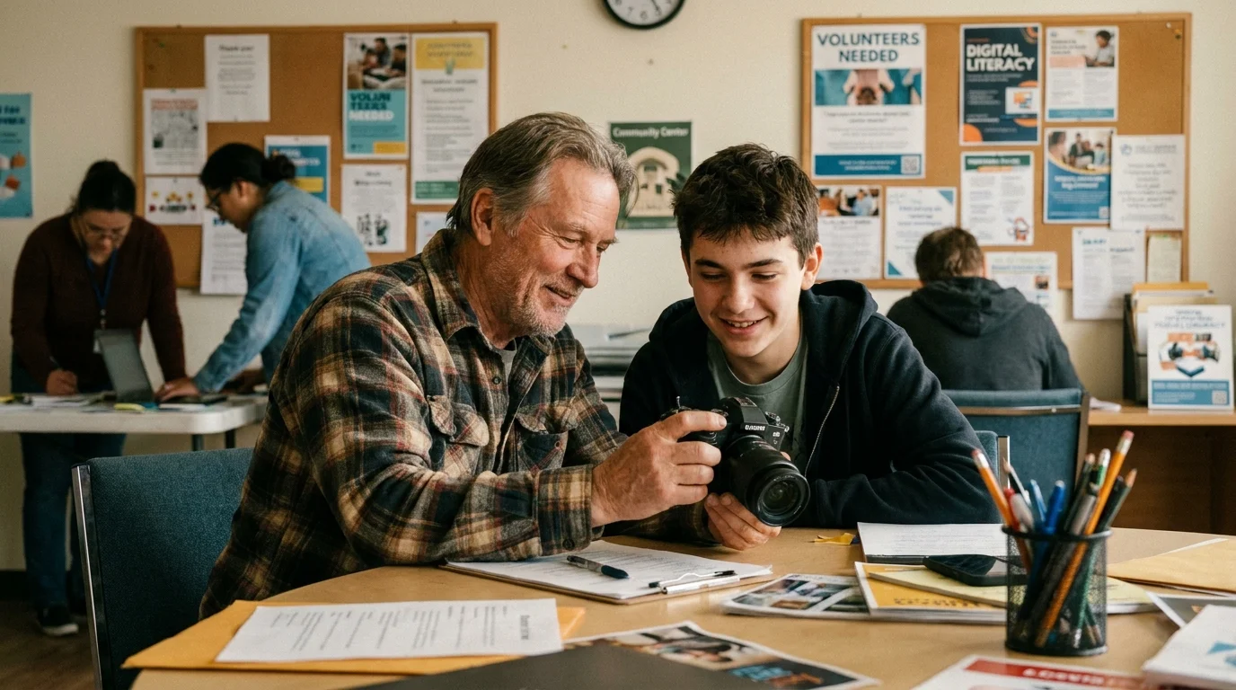 An older man and a teenager looking at a camera screen together in a community center workshop.