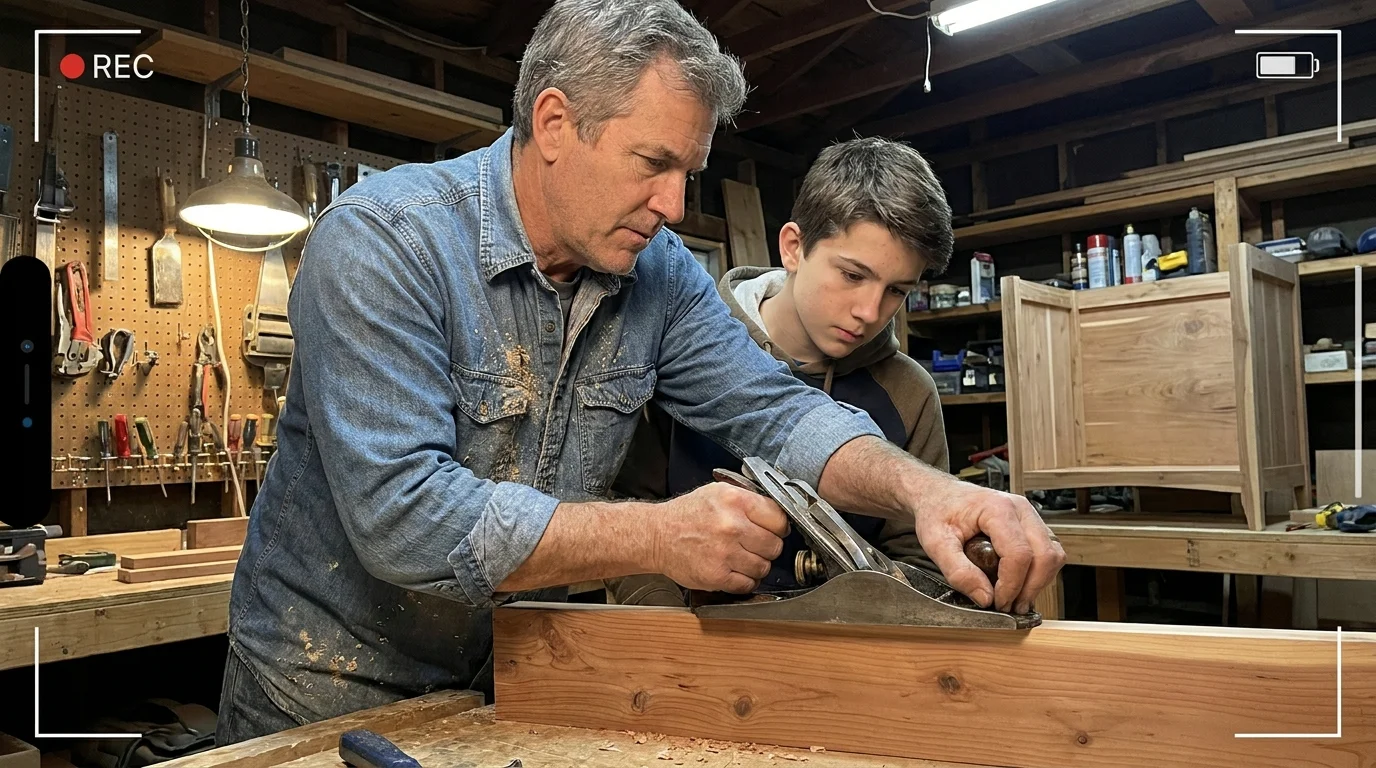 An older man and a teenager work together at a woodworking bench in a garage, sharing a moment of mentorship.