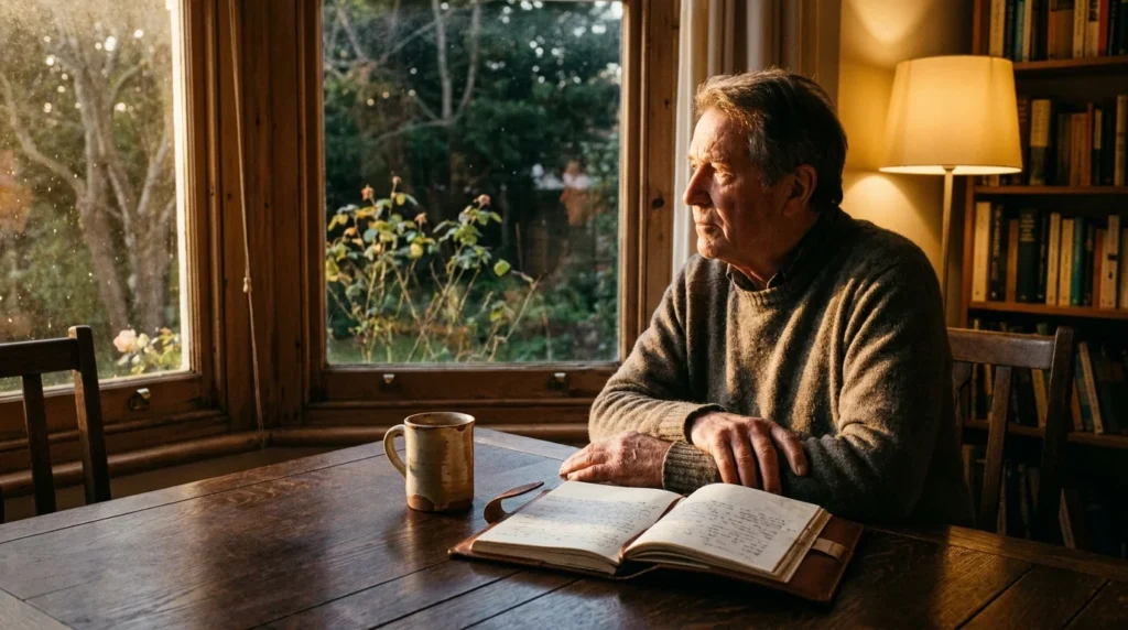 An older man sits at a wooden table in warm afternoon light, looking out a window next to an open journal and a mug.