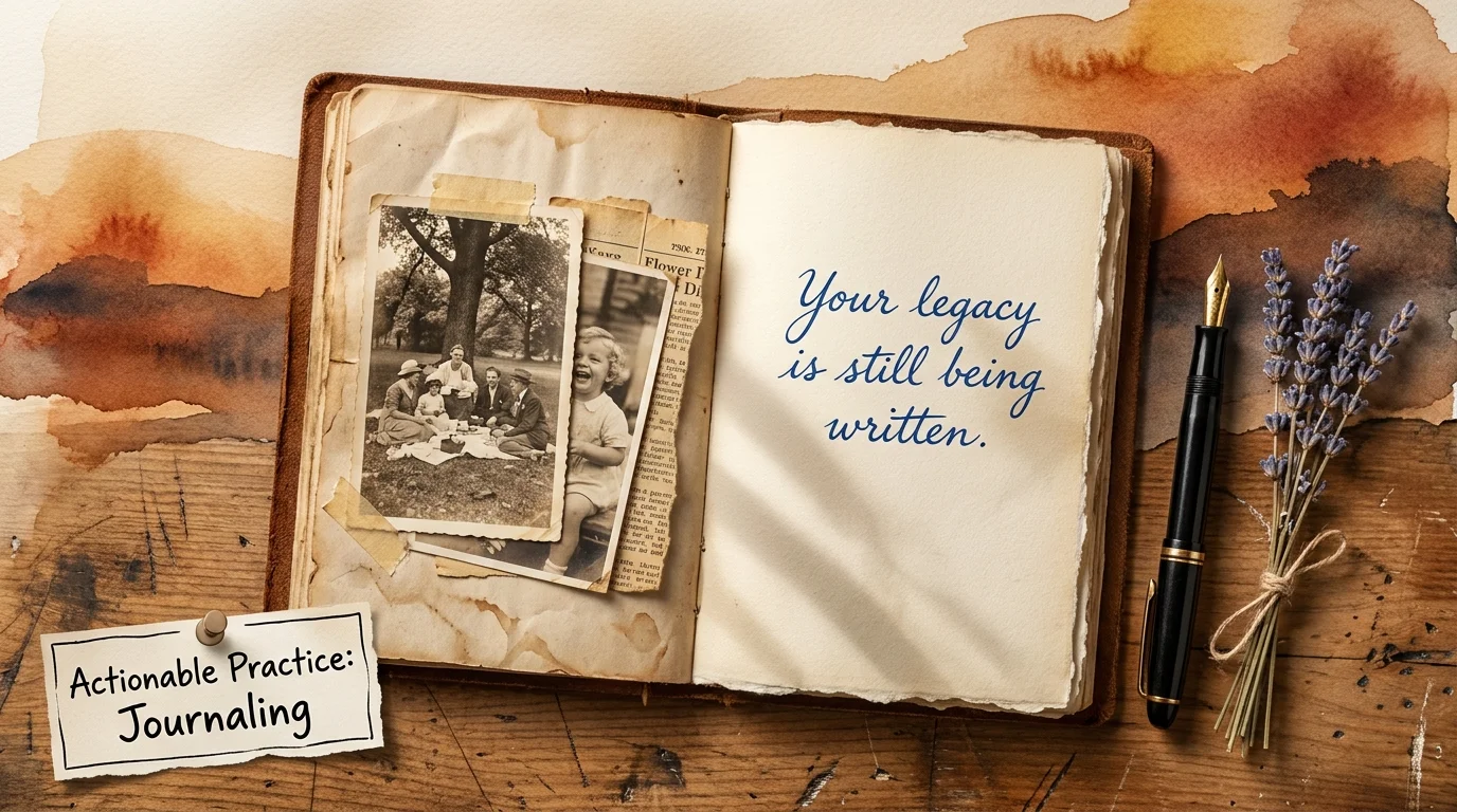 An open journal with old photos and the words 'Your legacy is still being written' hand-painted on the page.