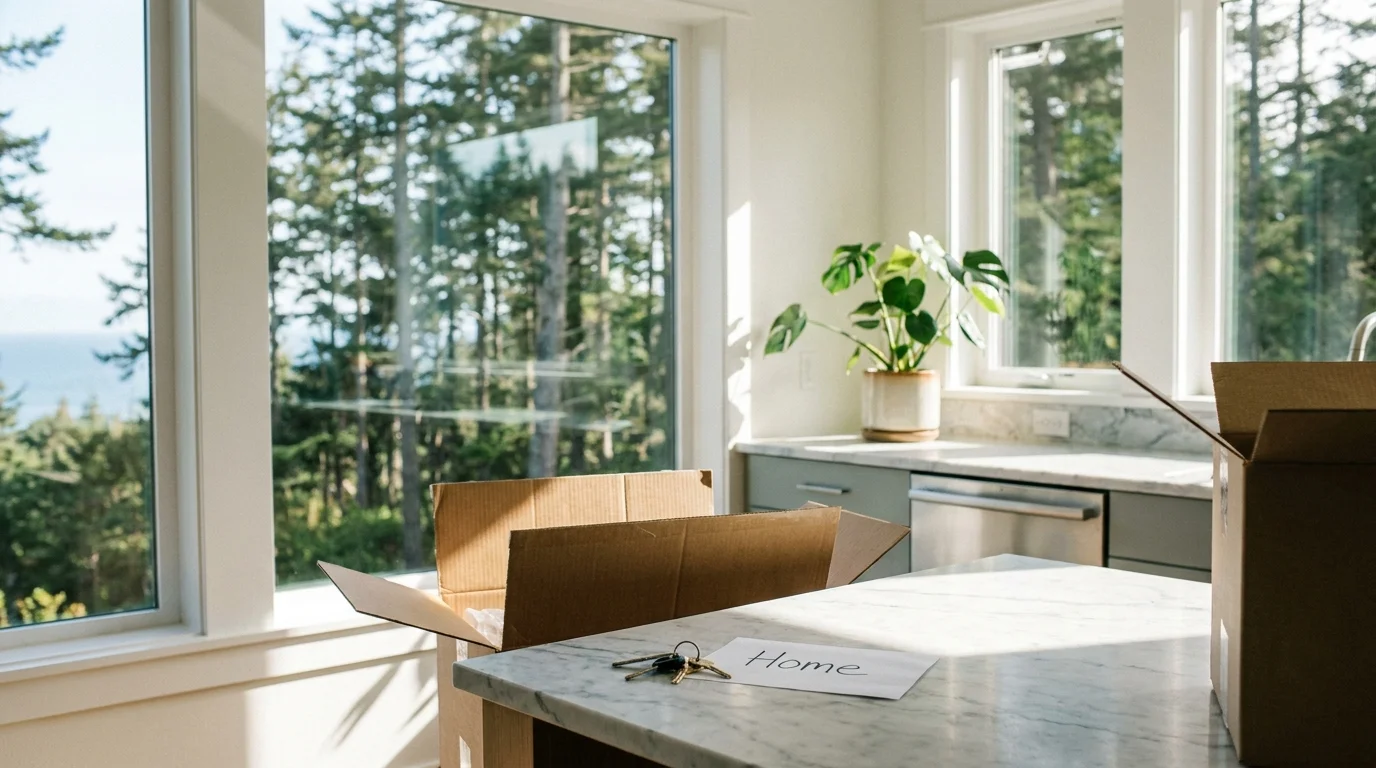 An unpacked moving box and houseplant in a bright kitchen with a view of a forest, suggesting a recent relocation.
