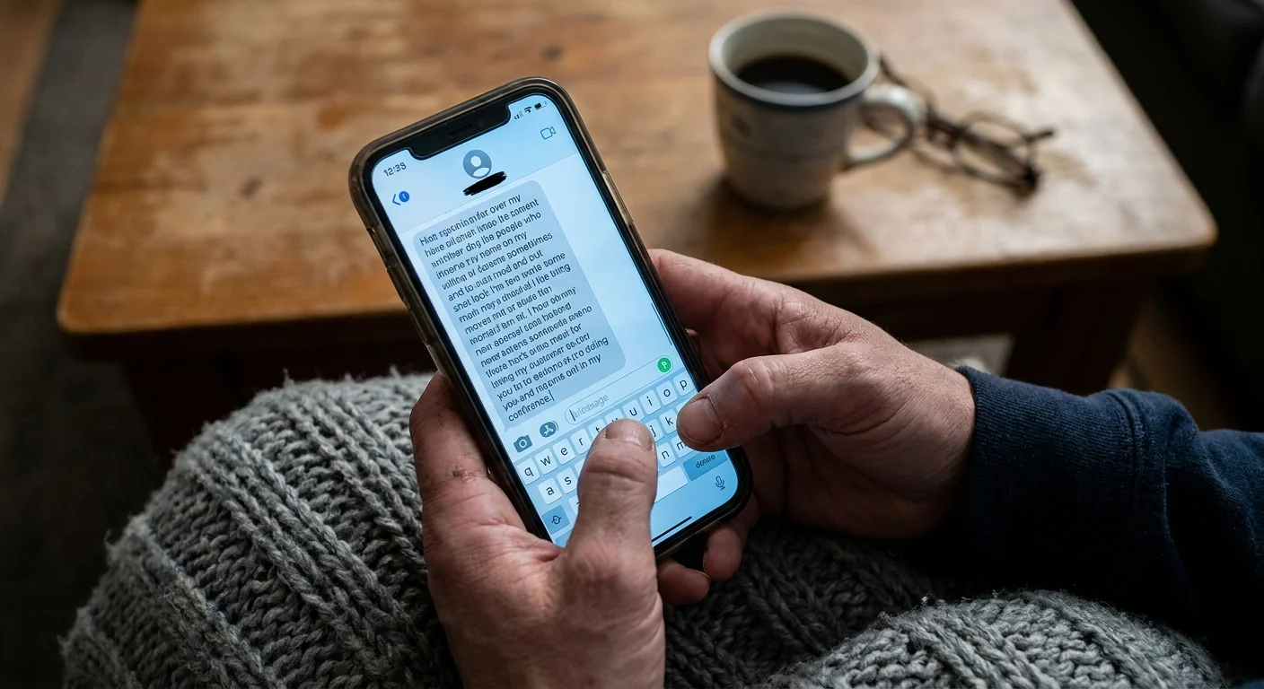 Close-up of a person typing a long text message on a phone, representing the act of over-explaining boundaries.