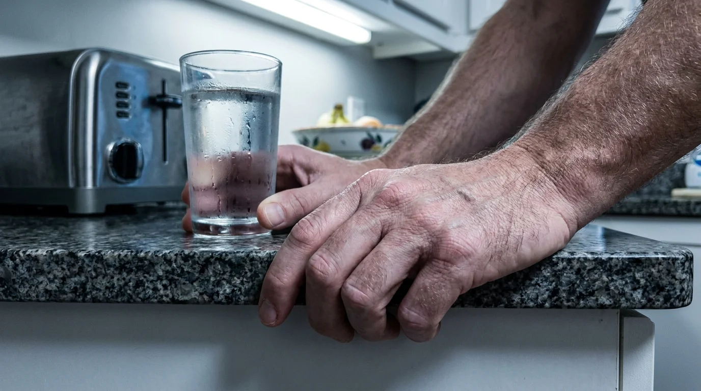 Close-up of a person's tense, white-knuckled hands gripping a kitchen counter next to a glass of water.