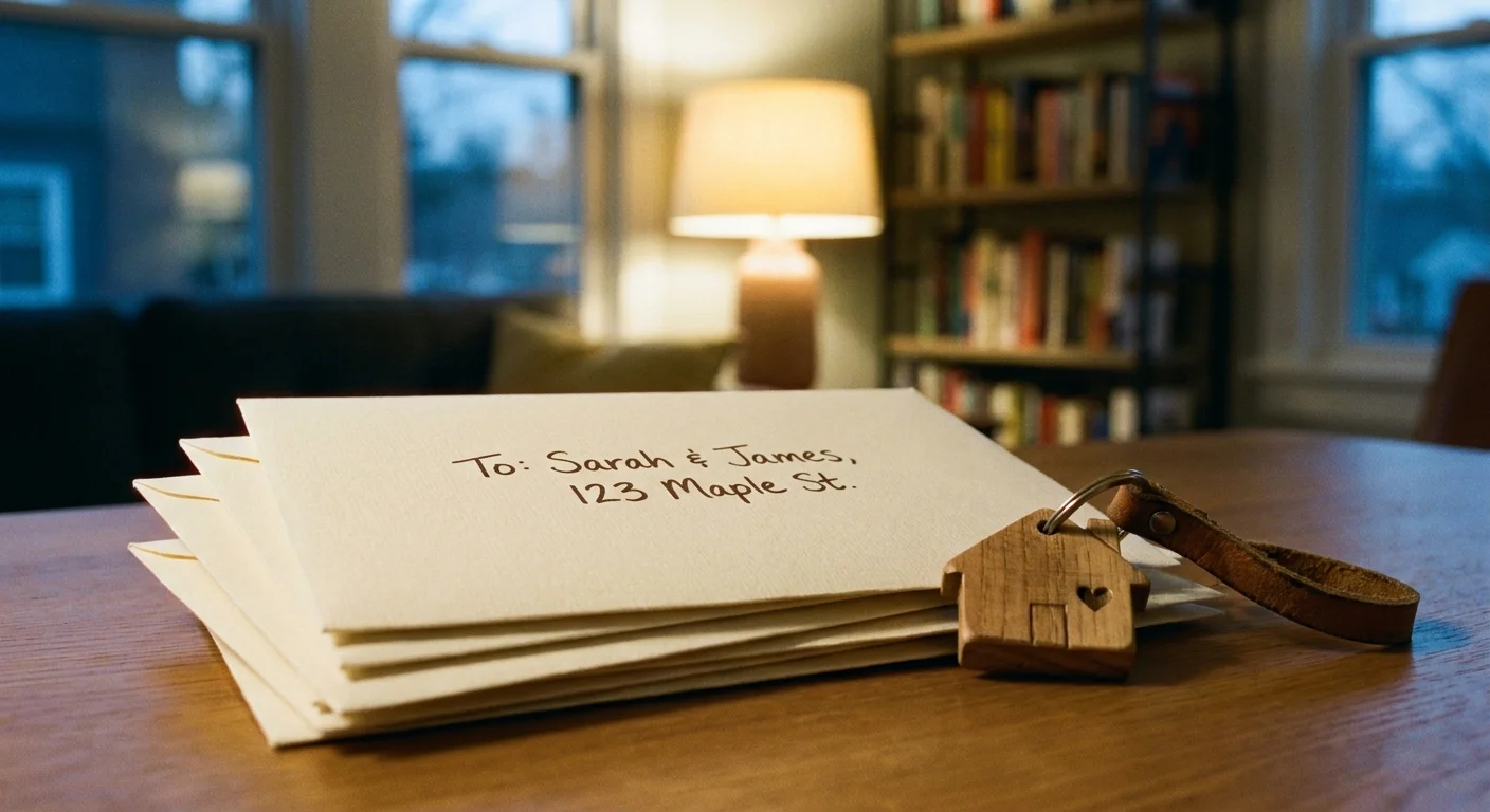 Close-up of a stack of addressed envelopes and a personalized gift, symbolizing an authentic send-off.