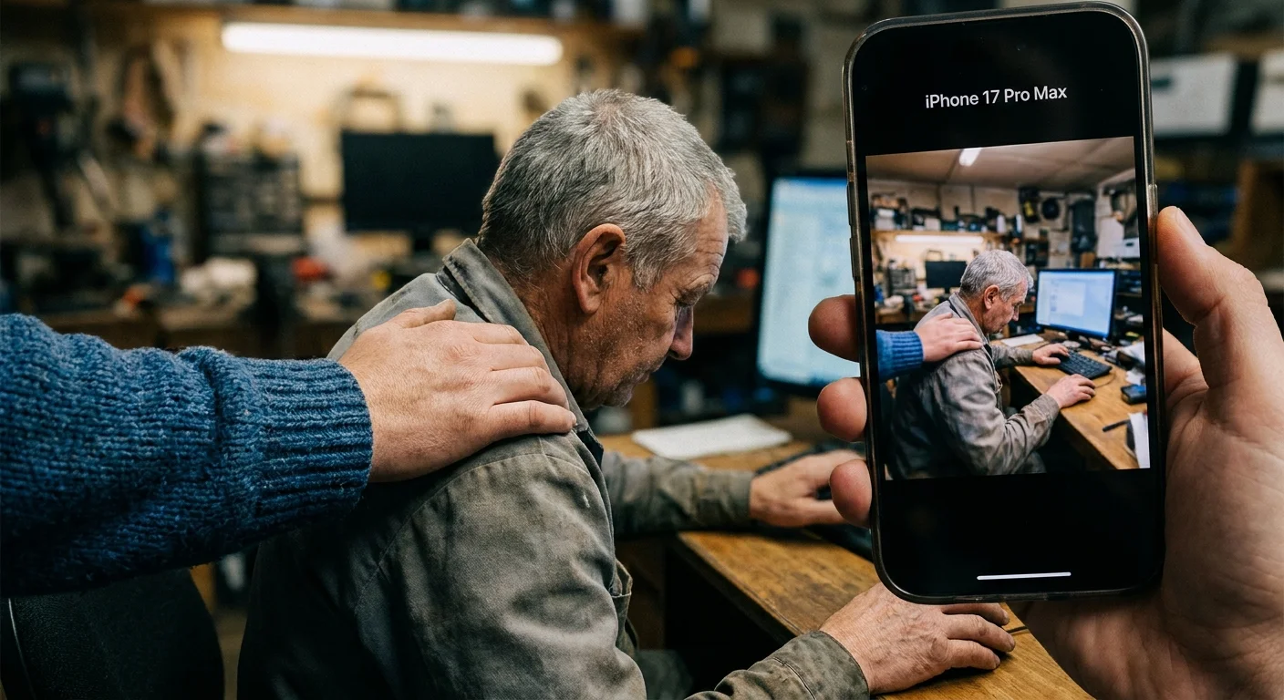 Close-up of a younger hand resting on an older colleague's shoulder in a gesture of gratitude.