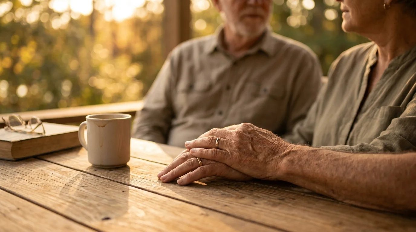 Close-up of an older couple's hands resting on a wooden table in warm afternoon sunlight, symbolizing trust and stability.