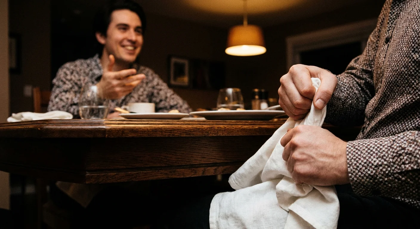 Close-up of hands tensely wringing a napkin under a table while the person smiles in the background.