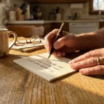 Close-up of hands writing a heartfelt message in a retirement card on a wooden table in morning light.