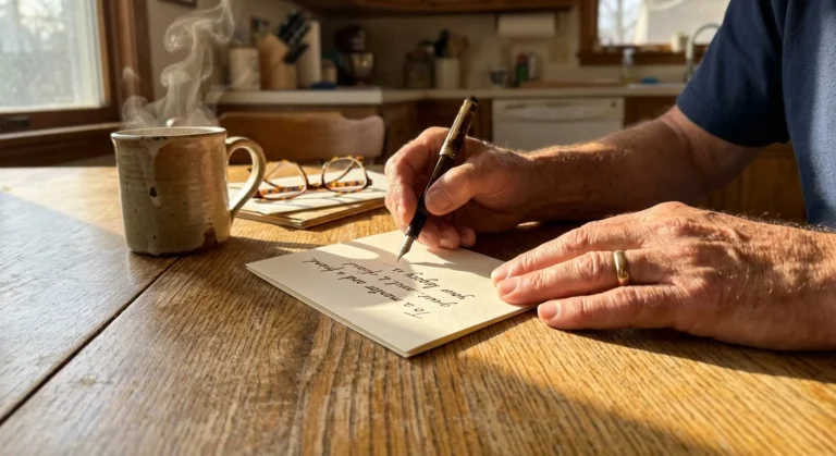 Close-up of hands writing a heartfelt message in a retirement card on a wooden table in morning light.