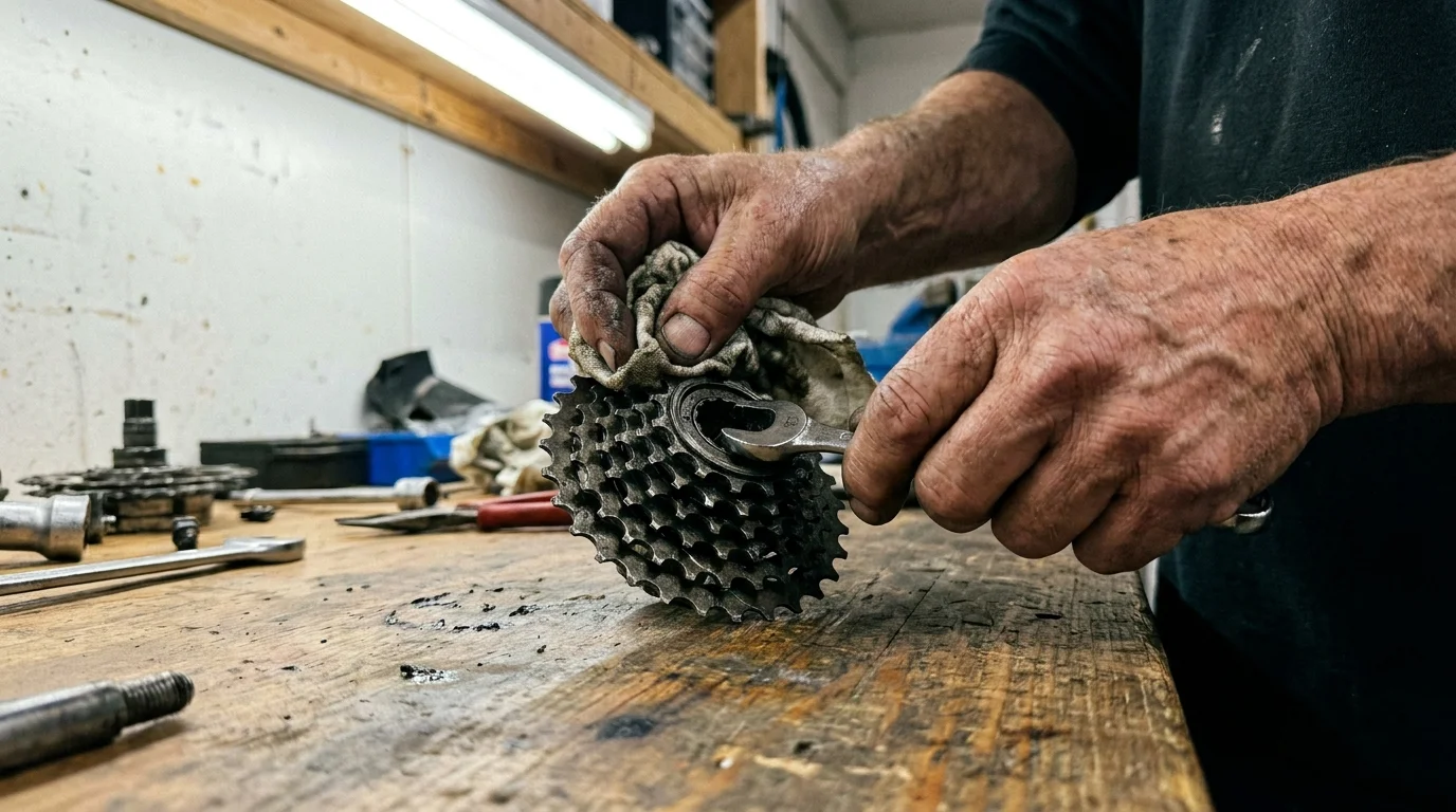 Close-up of older hands carefully repairing a vintage bicycle at a wooden workbench in a garage.