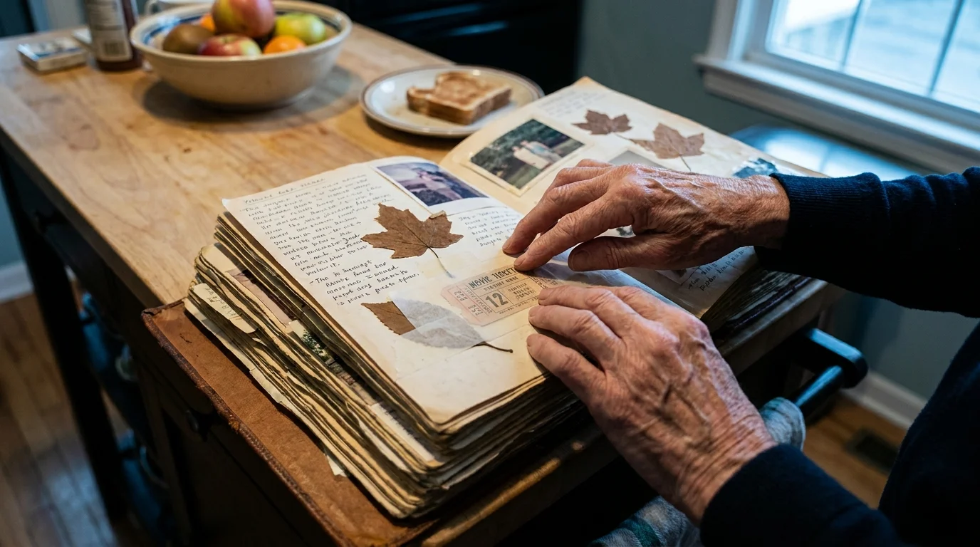 Close-up of older hands taping a ticket stub into a scrapbook on a kitchen counter.