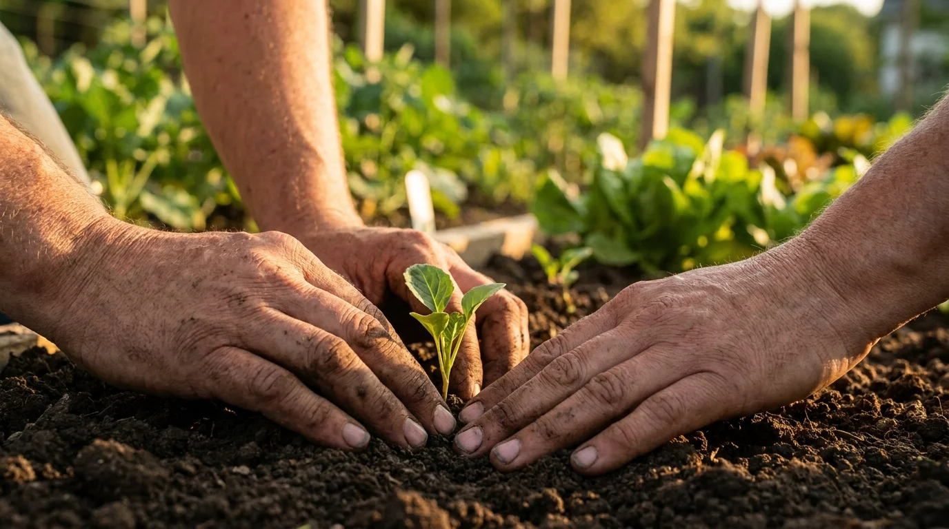 Close-up of weathered hands planting a seedling in dark, rich soil during a golden sunset.