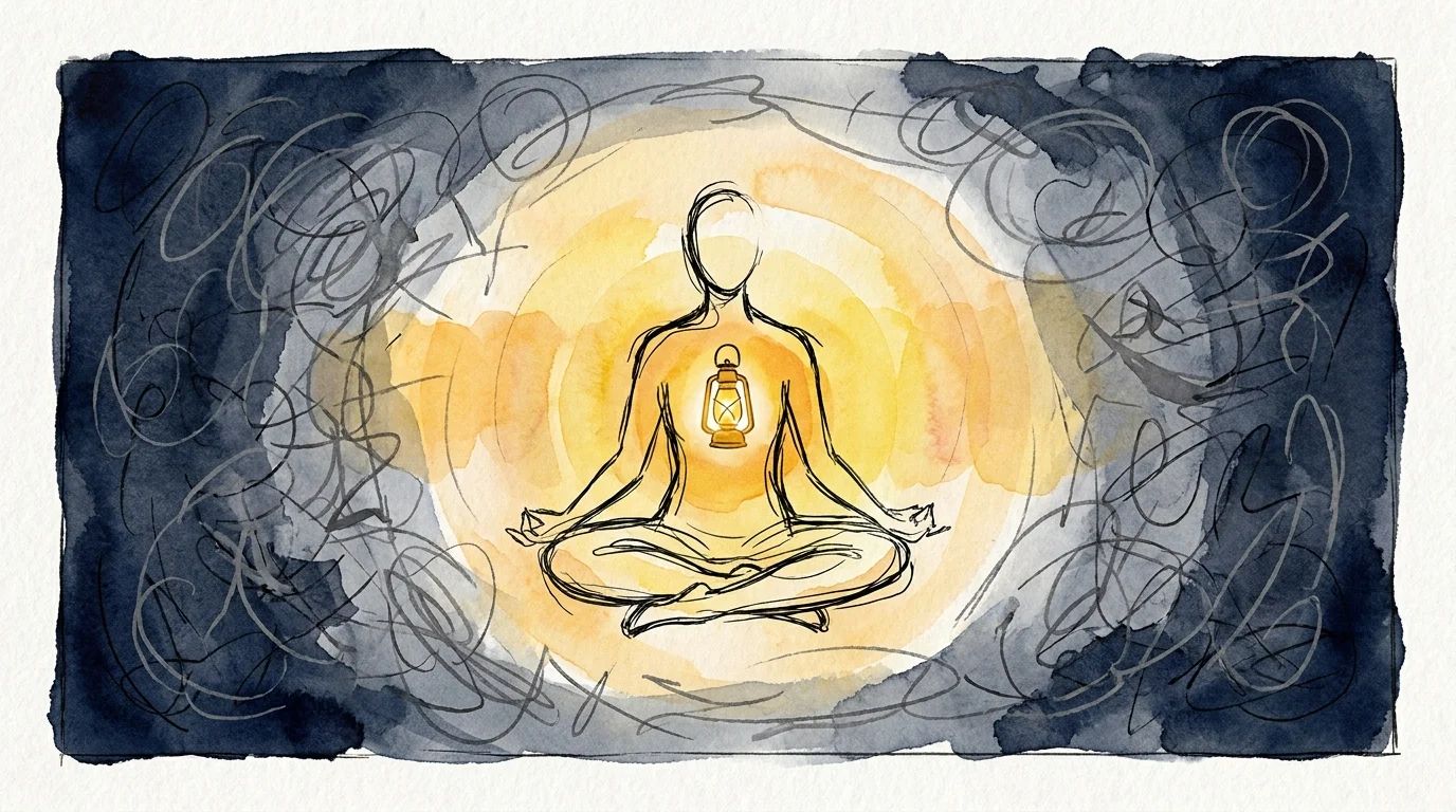 Illustration of a person with a glowing lantern in their chest, pushing away dark, messy scribbles with warm light.