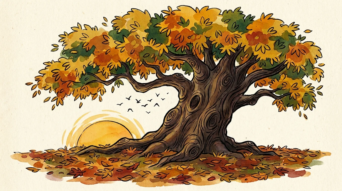 Illustration of a strong, gnarled tree with vibrant leaves, symbolizing resilience through difficult times.