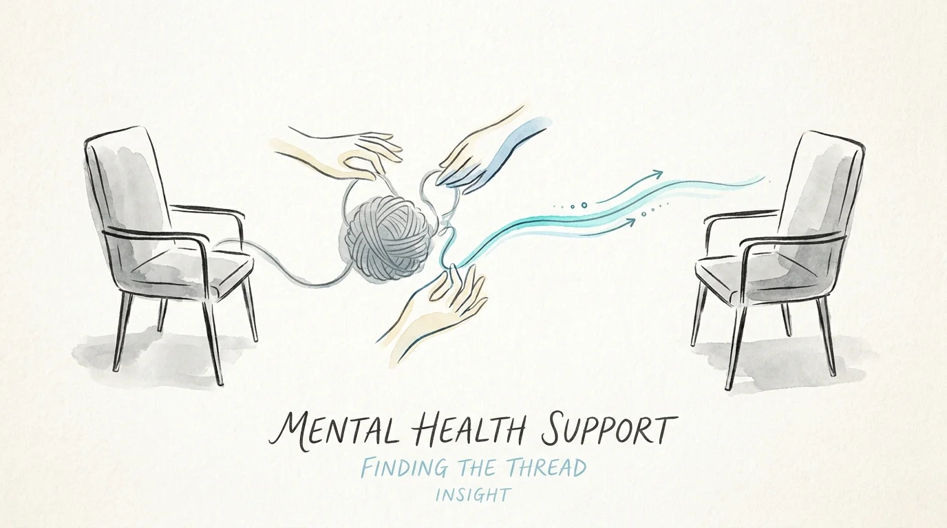 Illustration of hands unraveling a tangled ball of yarn between two chairs, symbolizing the clarity of therapy.