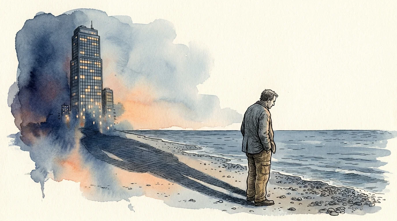 Ink and watercolor illustration of a man on a beach whose shadow is a skyscraper, symbolizing a career identity.