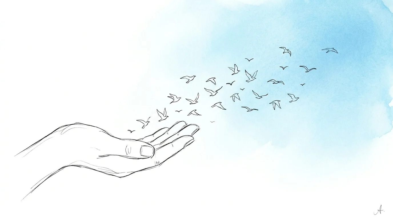 Ink drawing of a hand releasing a flock of birds into a light blue sky, symbolizing letting go of grievances.