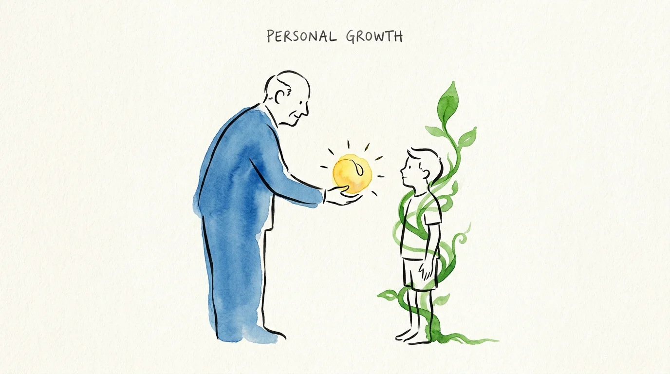 Minimalist illustration of a mentor figure passing a glowing seed of growth to a younger person.