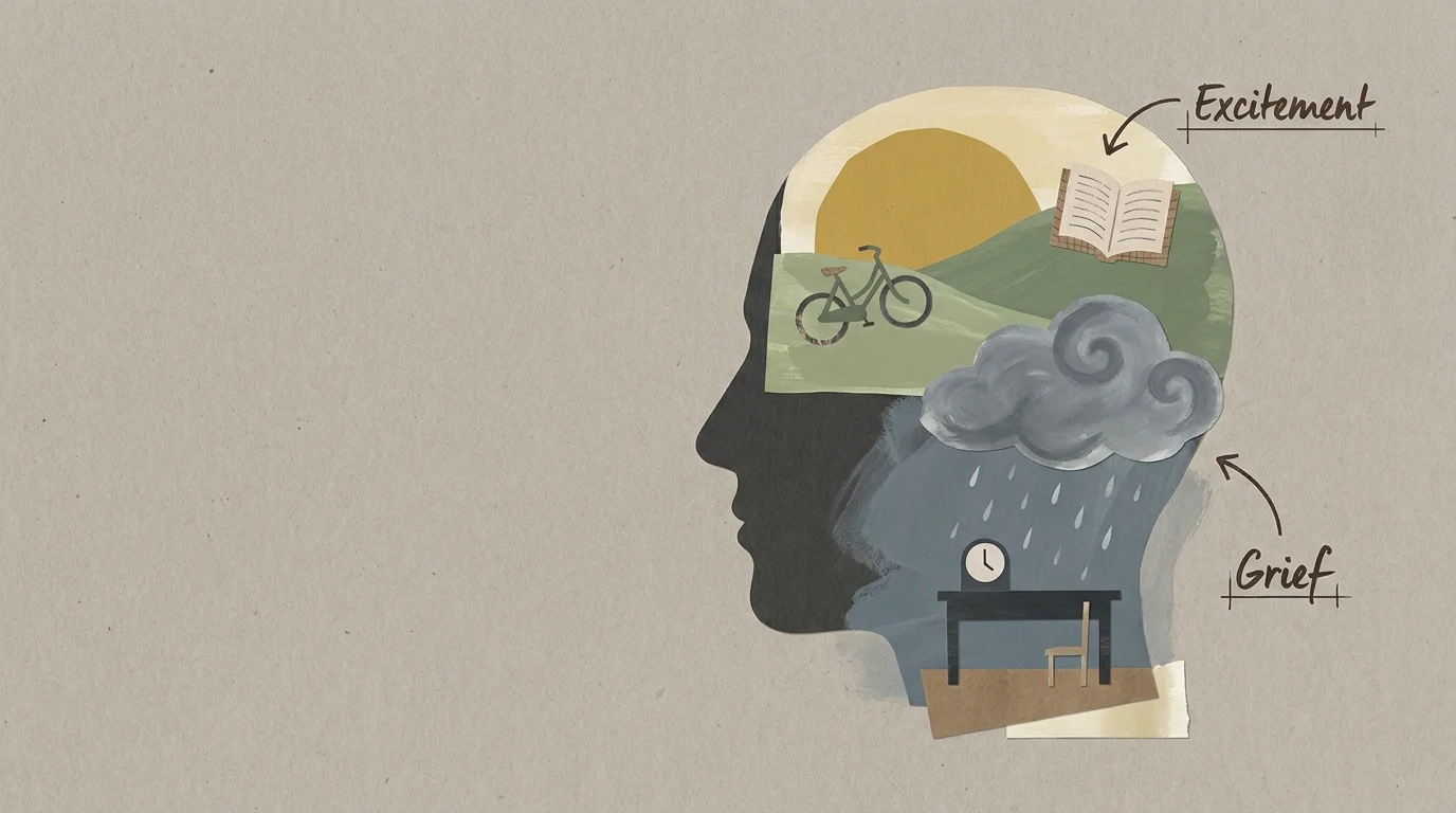 Mixed-media illustration of a head containing both a sun and a rain cloud, representing complex emotions.