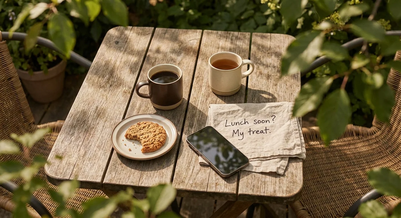 Top-down view of two coffee cups and a handwritten note saying 'Lunch soon?', representing ongoing connection.