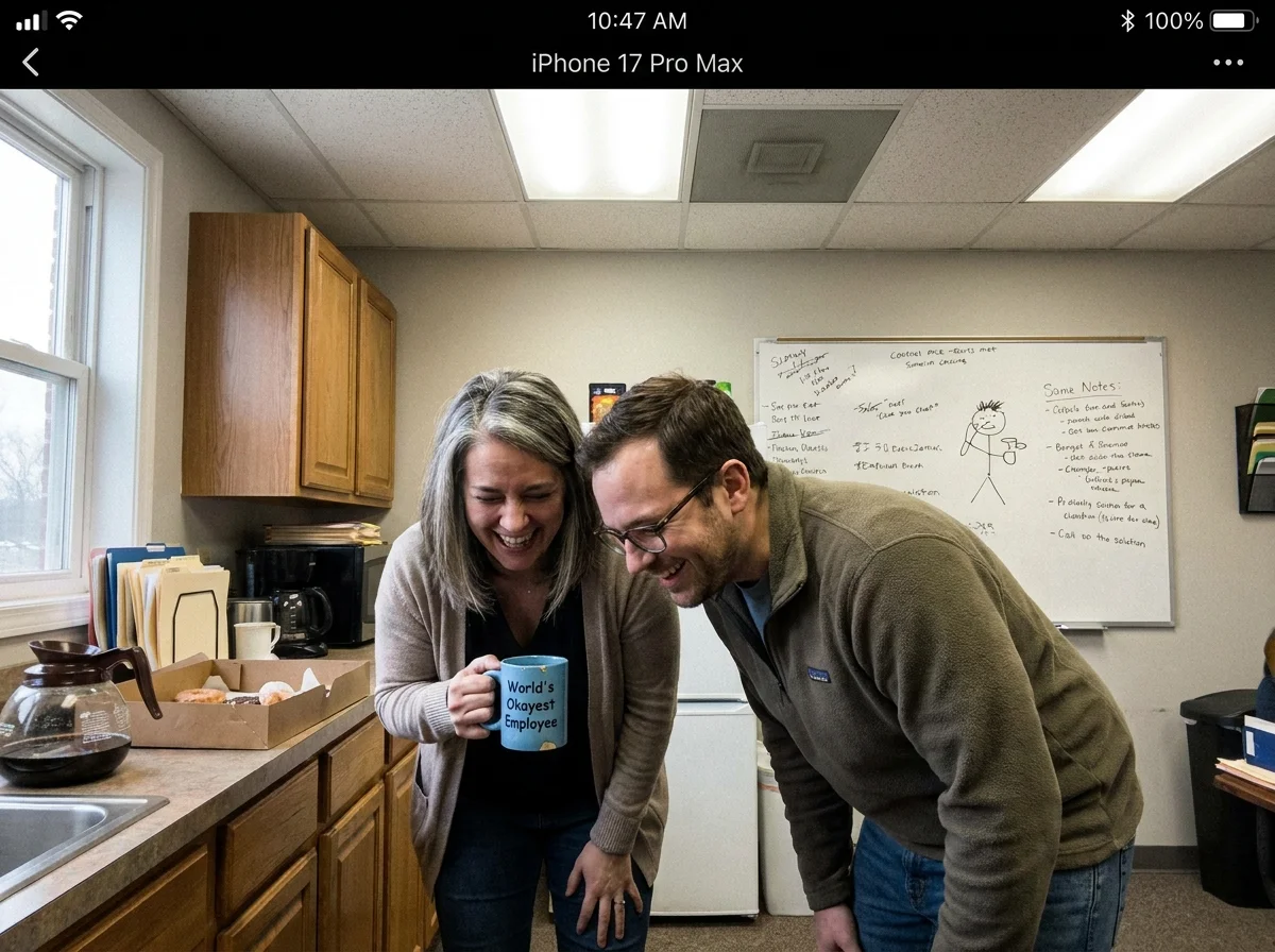 Two colleagues laughing together in a casual office breakroom, capturing a genuine shared moment.