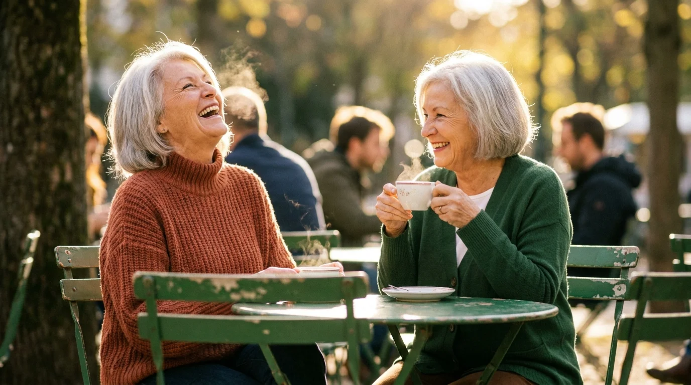 Two older women laughing together at an outdoor cafe table during a sunny afternoon.