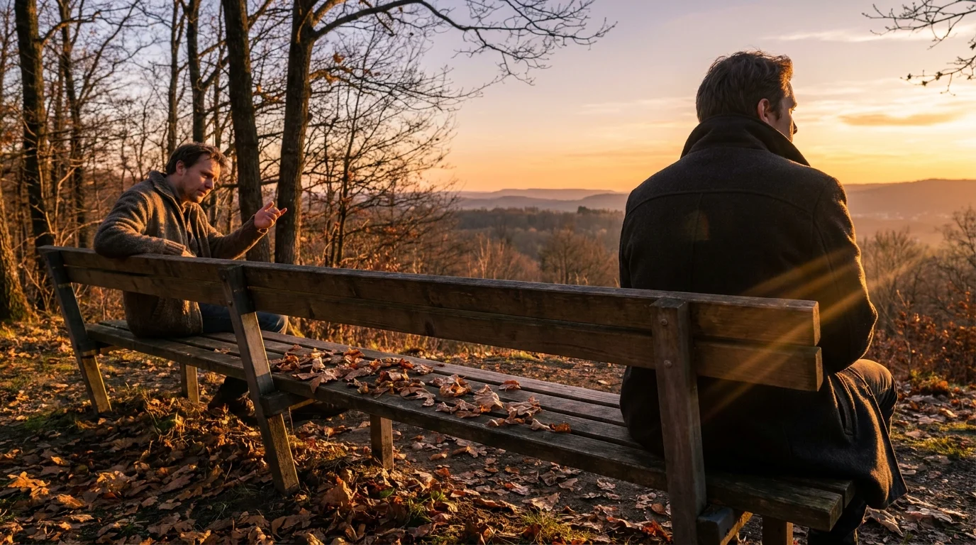 Two people on a park bench with a significant physical gap between them, one person angled away.