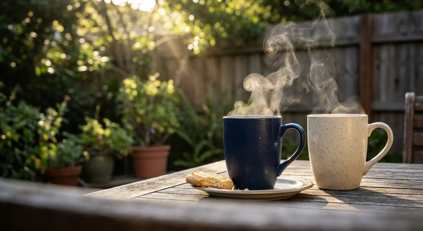 Two steaming mugs of tea sit on an outdoor table in the morning sun, suggesting a quiet moment of shared peace.