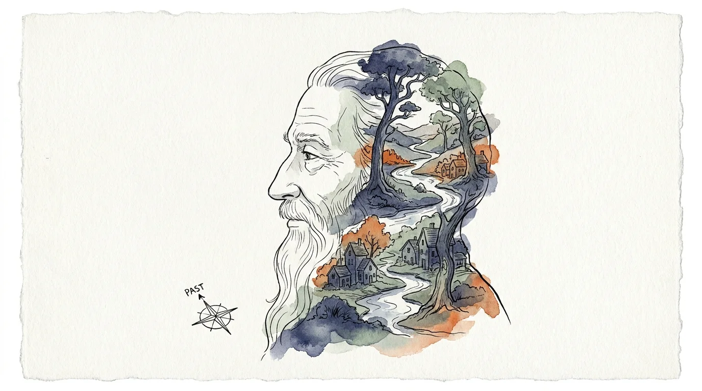 Watercolor illustration of a person's profile containing a vast, colorful landscape of rivers and trees inside the head.
