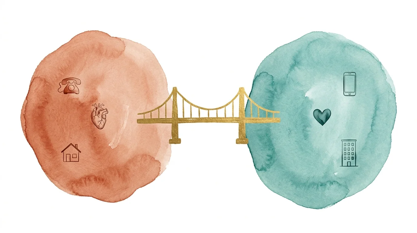 Watercolor illustration of two colorful islands connected by a golden bridge, representing healthy boundaries.
