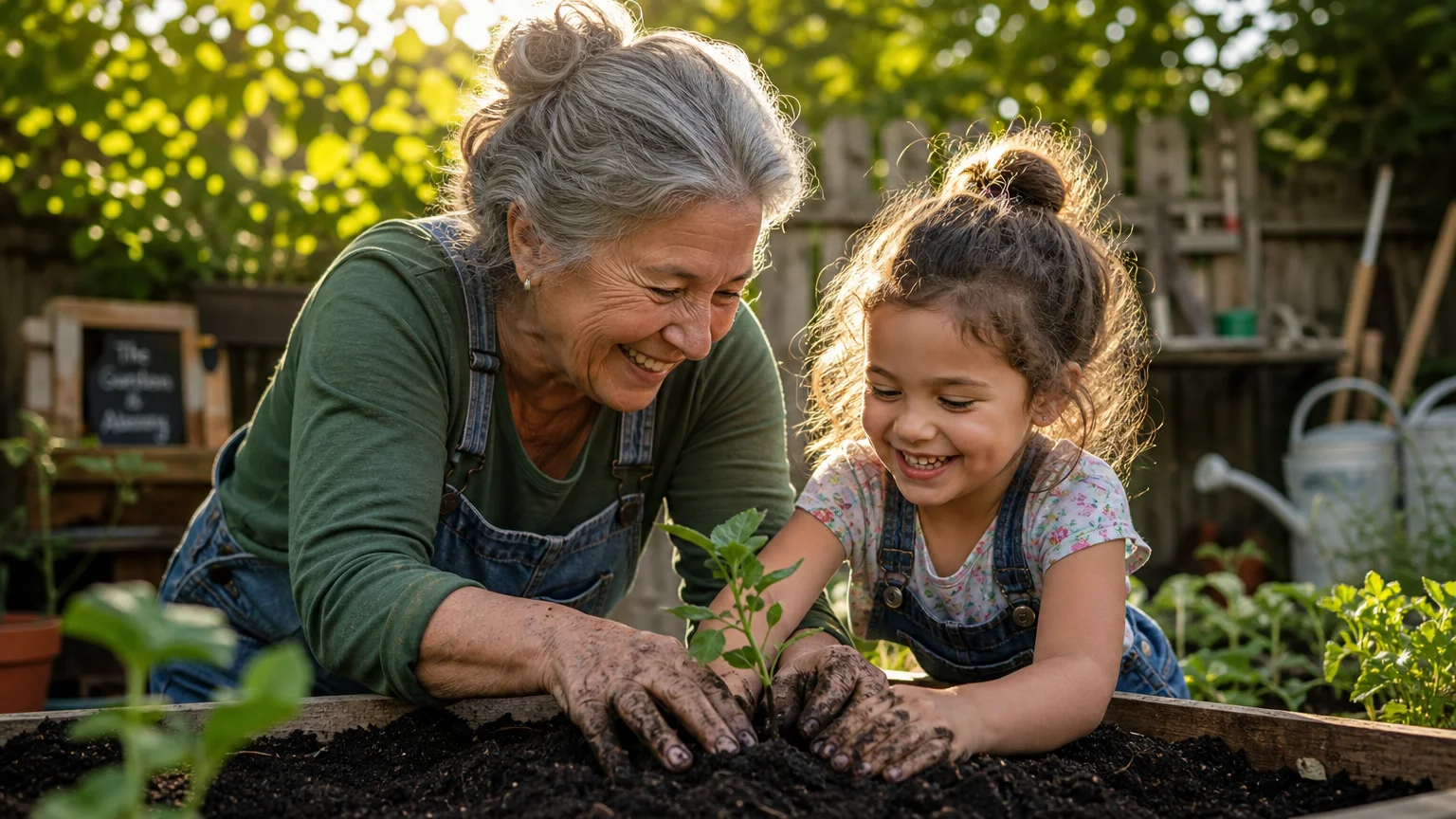 A candid backyard photo of a grandmother and grandchild planting a seedling together in a sunlit garden.
