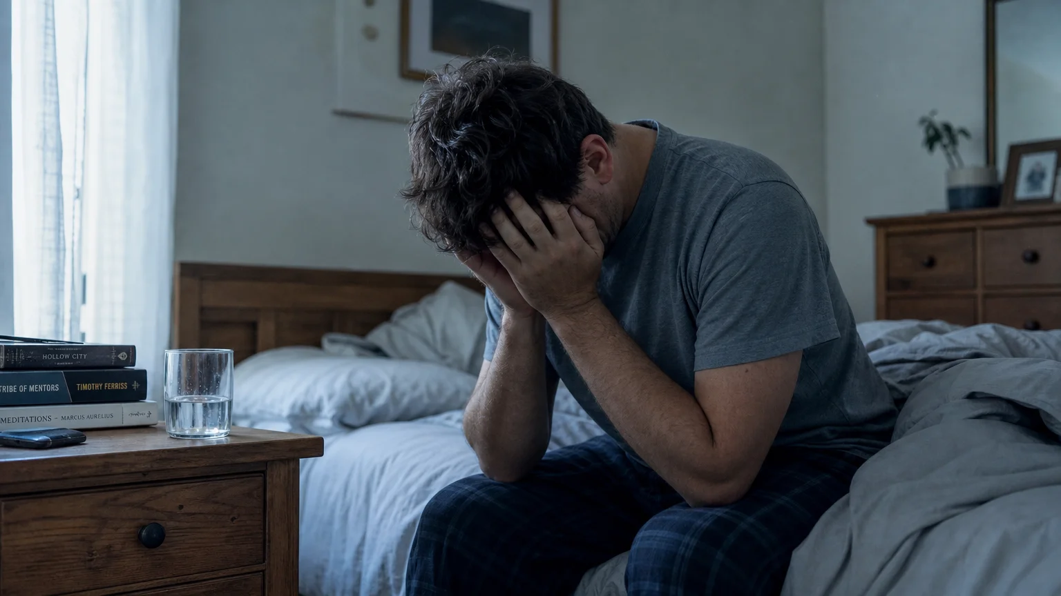 A candid photograph of a tired man sitting on the edge of his bed in the morning, holding his head in his hands.