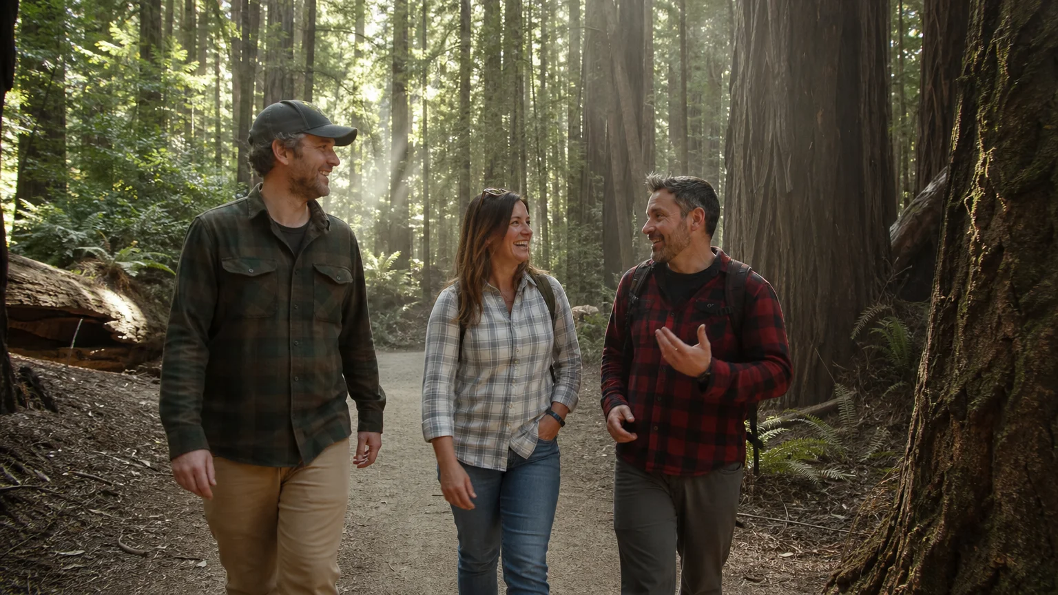 A candid photograph of three friends laughing and walking together along a sun-dappled redwood forest trail.
