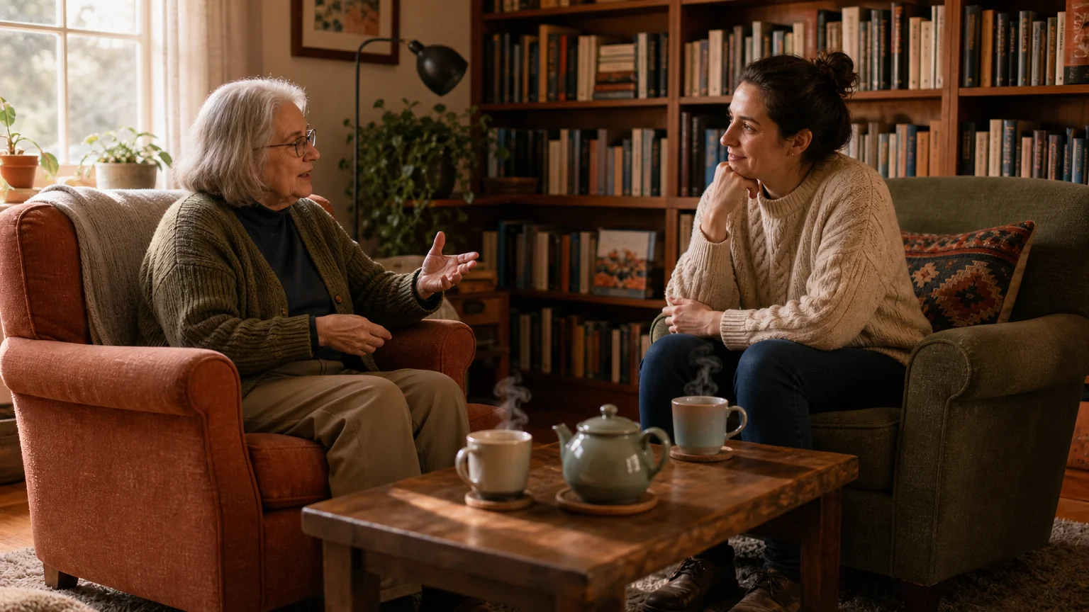 A candid, warm photo of an older adult in a supportive conversation with an empathetic counselor in a cozy room.