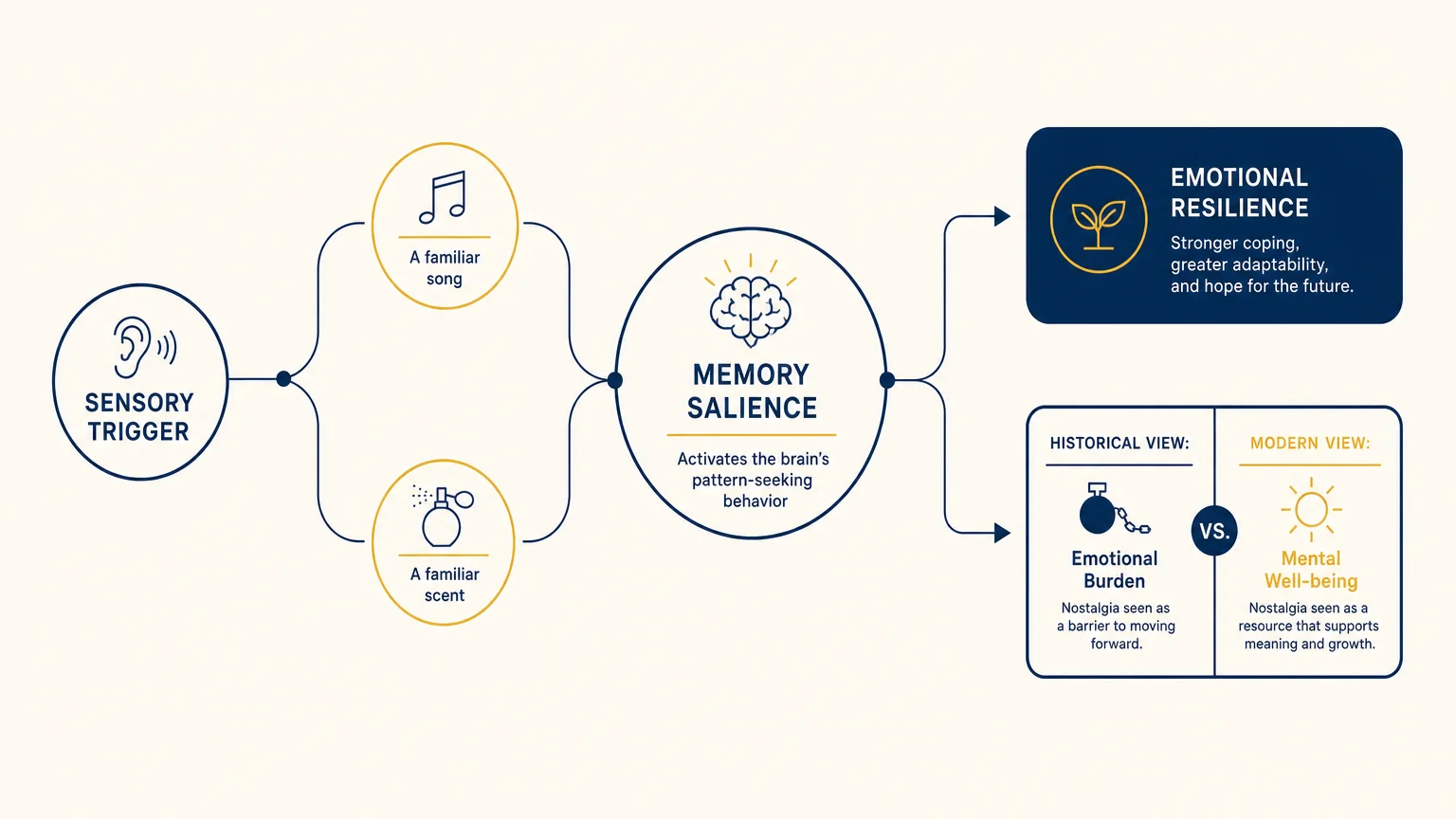 A clean editorial diagram showing the cognitive path from sensory triggers to emotional resilience.