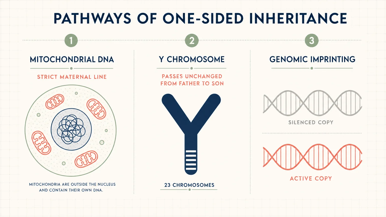 A clean scientific diagram showing the biological pathways of mitochondrial DNA, the Y chromosome, and genomic imprinting.