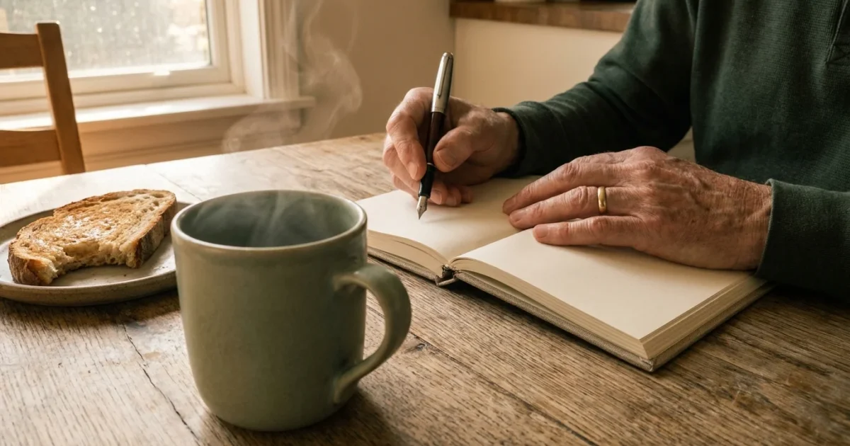 A close-up, candid photo of an older person's hands about to write in a gratitude journal on a sunlit wooden kitchen table next to a steamin