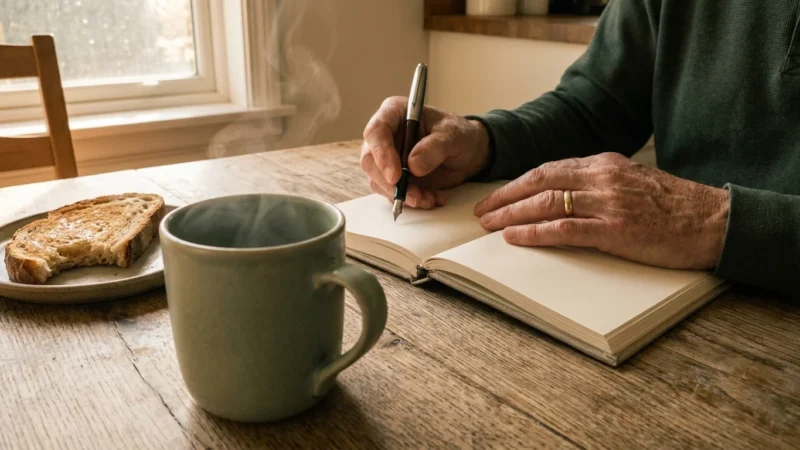 A close-up, candid photo of an older person's hands about to write in a gratitude journal on a sunlit wooden kitchen table next to a steamin