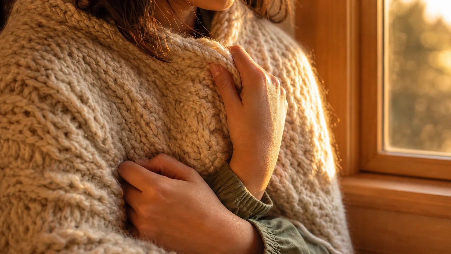 A close-up of a person's hands pulling a thick, cream-colored knit blanket around their shoulders in warm golden sunlight.