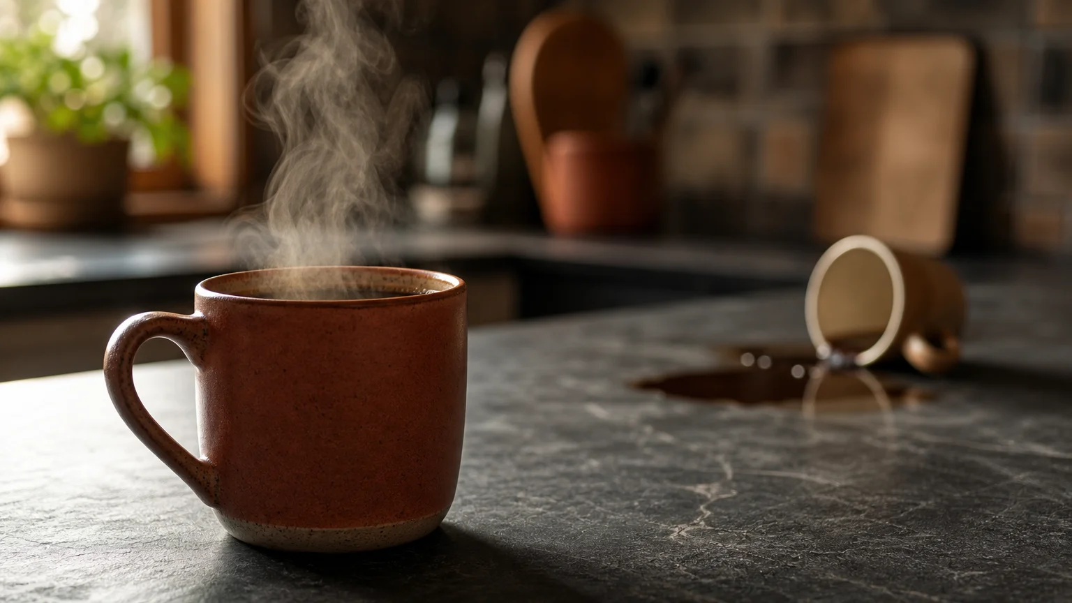 A close-up of a warm coffee mug on a kitchen counter, while another mug lies tipped over and out of focus in the background.