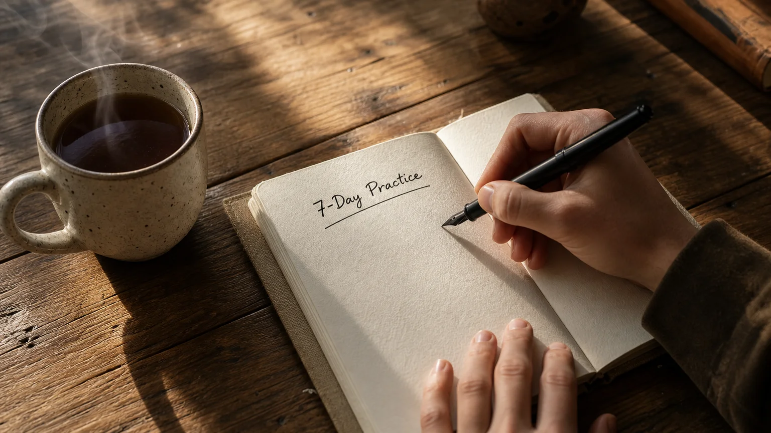 A close-up photograph of hands writing '7-Day Practice' in a journal on a wooden table in warm morning light.