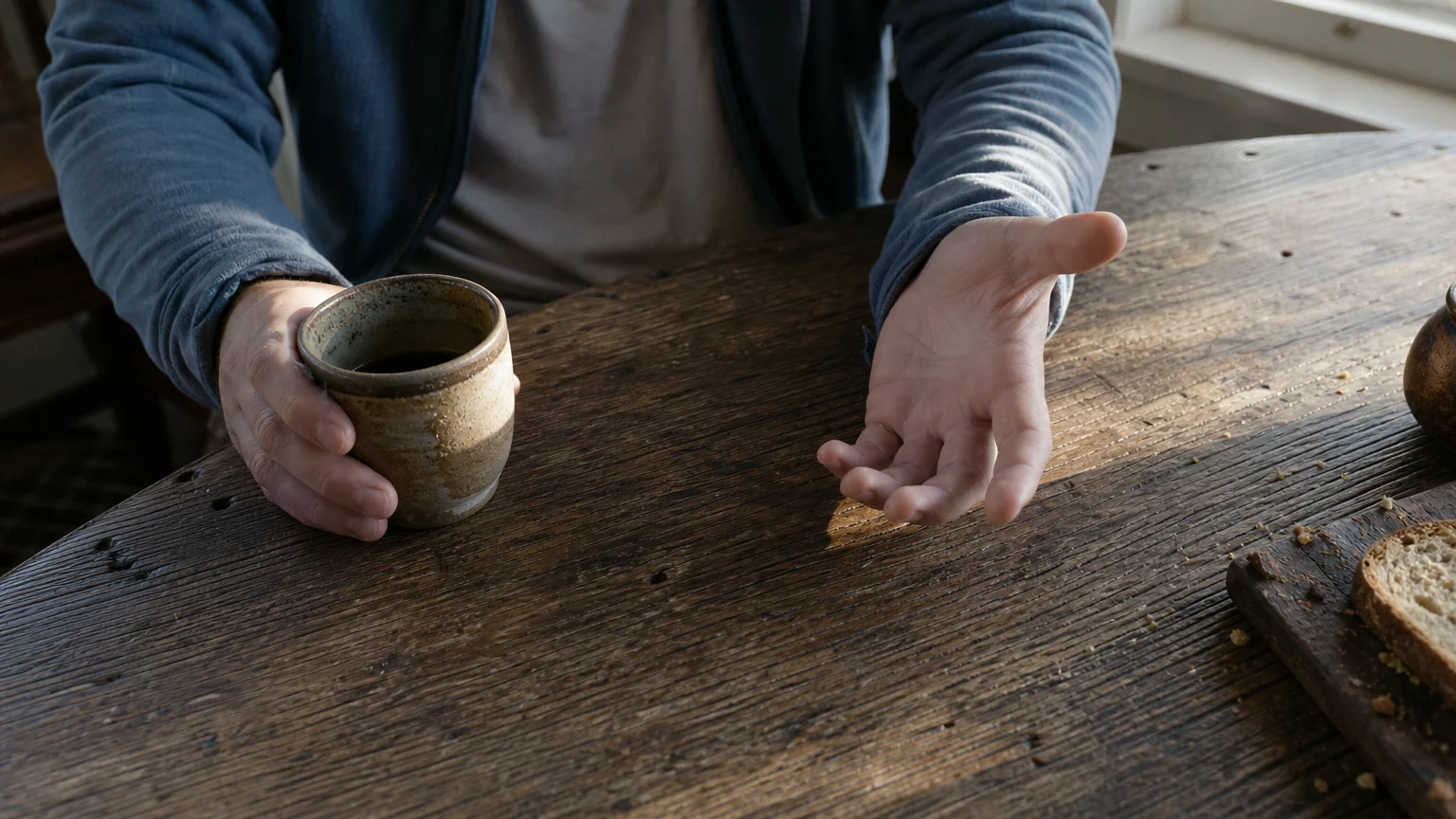 A close-up photograph of relaxed hands on a wooden dining table next to a ceramic mug.