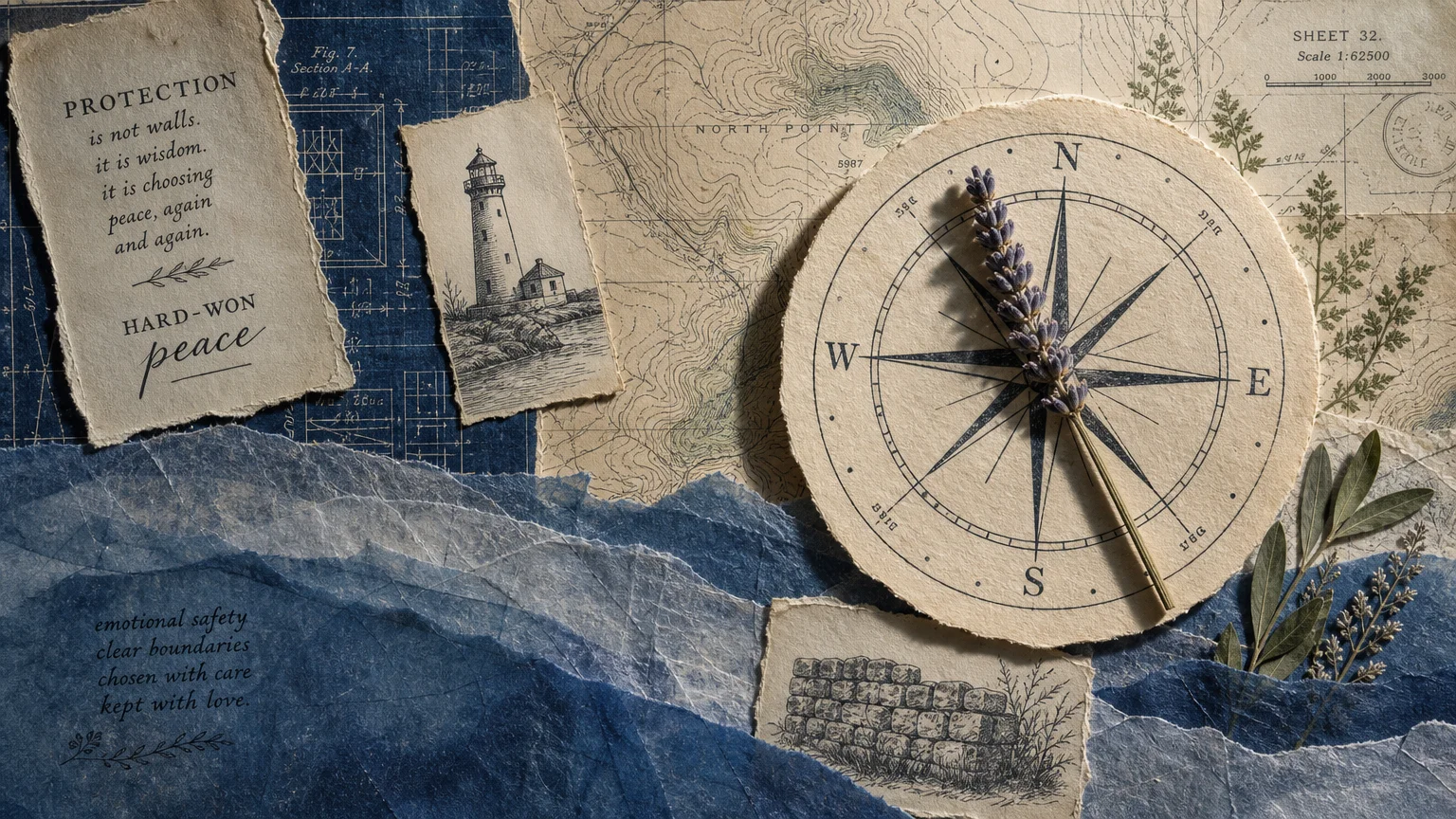 A collage featuring a compass made of lavender on top of maps and blue tissue paper, symbolizing emotional safety.