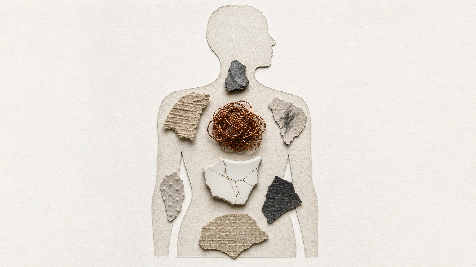A collage showing a human torso silhouette filled with textured elements like a stone, a wire knot, and cracked porcelain.