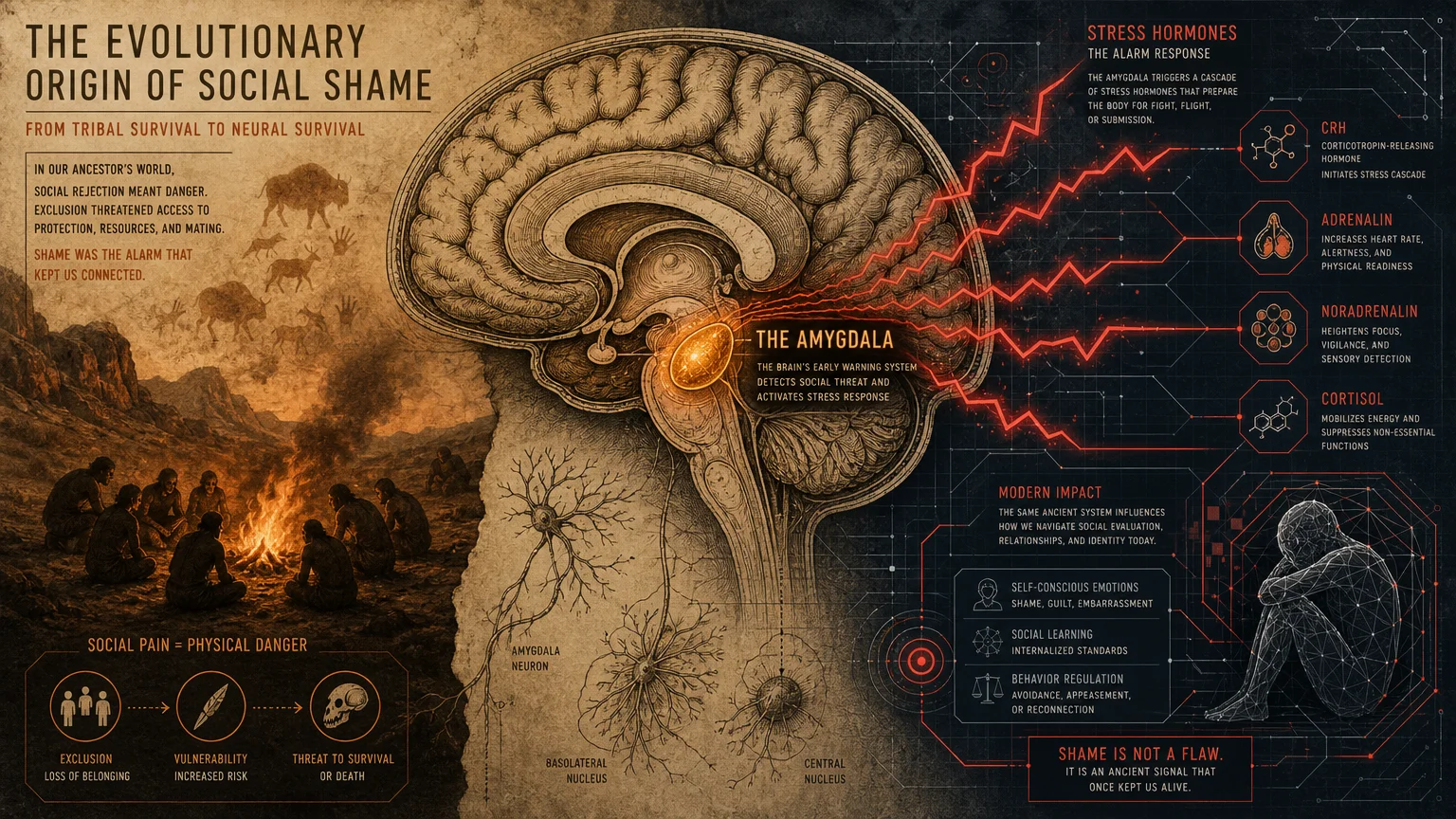 A conceptual image linking an ancient tribal campfire to a glowing amygdala inside a human brain, labeled 'The Amygdala'.