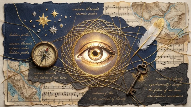 A conceptual mixed media collage of a glowing eye, golden threads, and vintage symbols like a compass and feather on a starry background.
