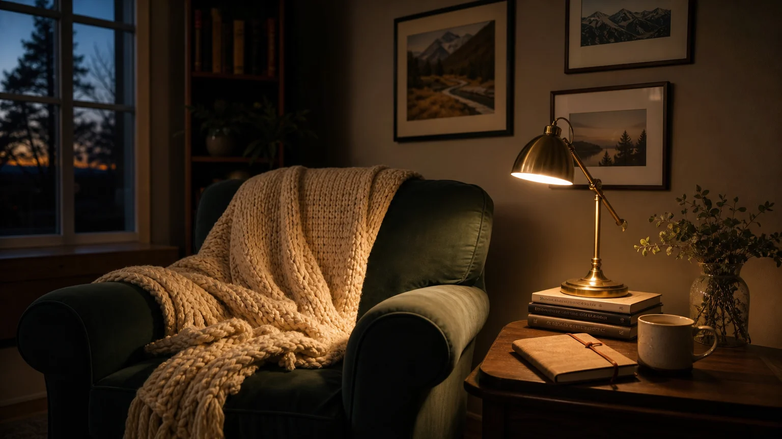 A cozy armchair with a knit blanket and a glowing reading lamp in a quiet corner, creating a space for reflection.