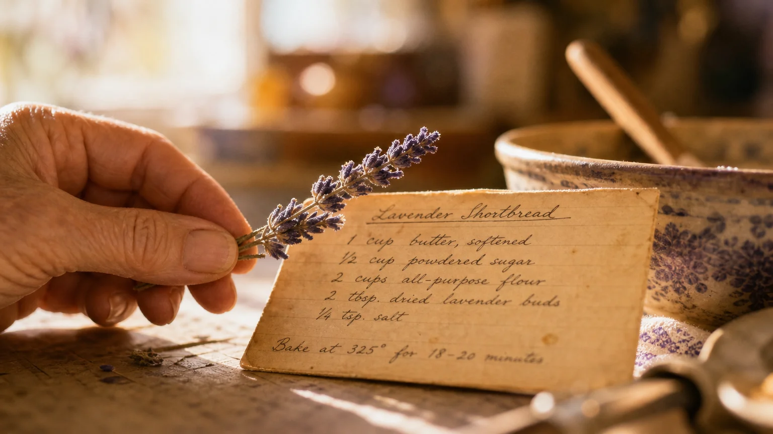 A detailed 35mm film macro photo of a hand holding a lavender sprig over a handwritten vintage recipe card.