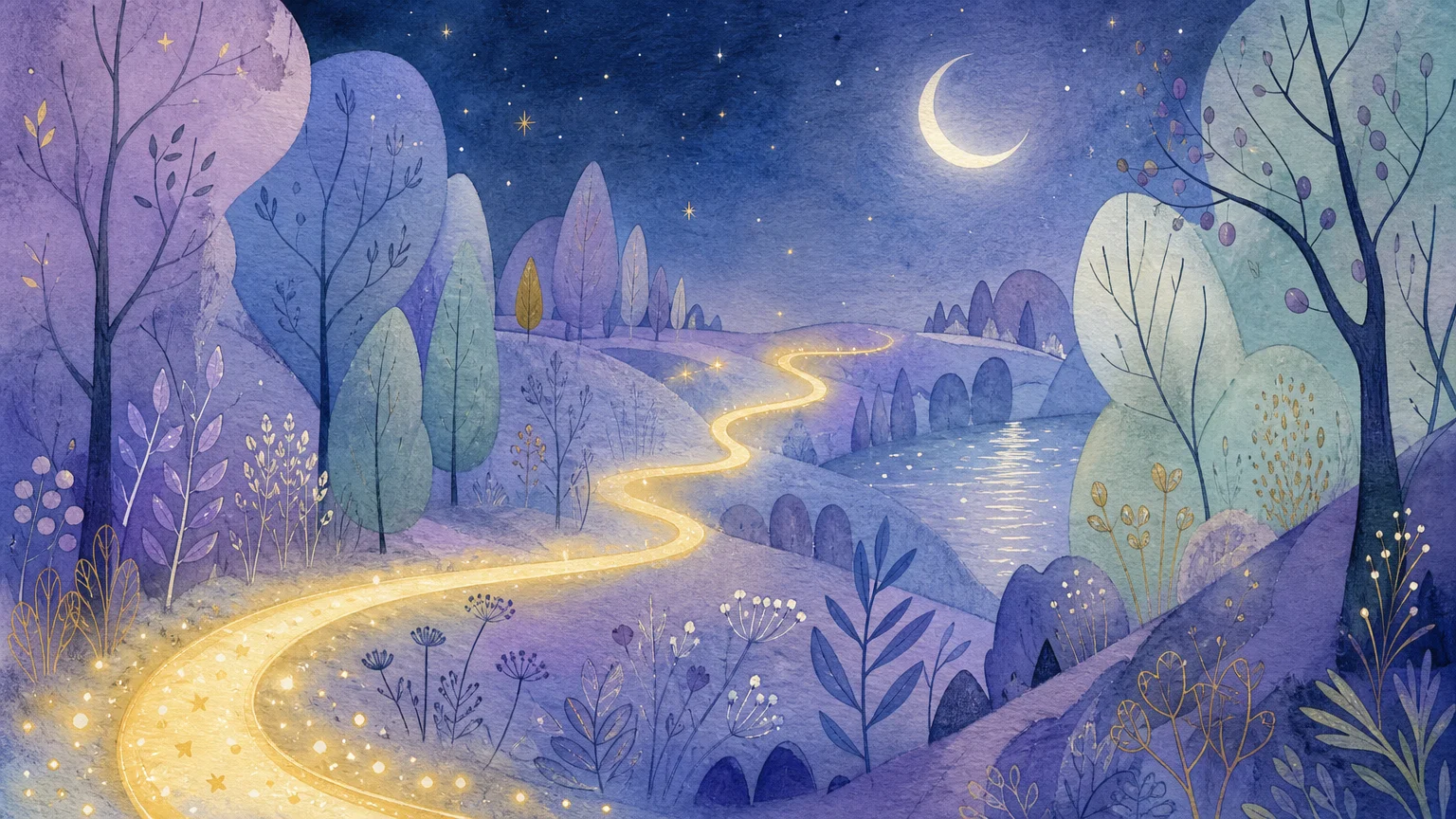 A dreamy watercolor illustration of a glowing golden path winding through a soft, peaceful pastel forest.